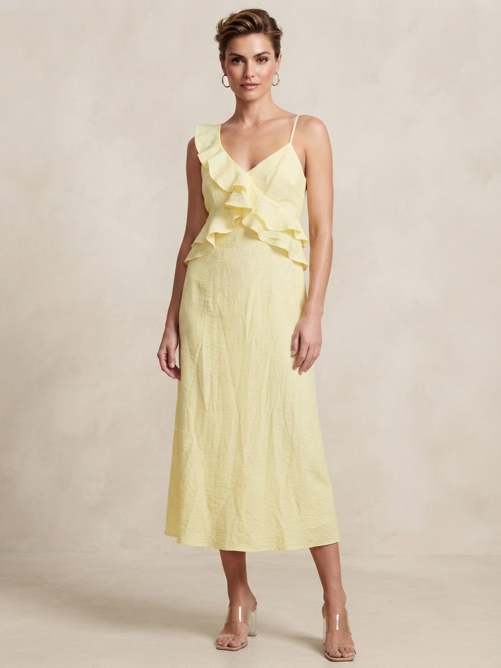 Express Yellow Ruffle Maxi V Neck Spaghetti Strap Spring
Formal Dress Size M